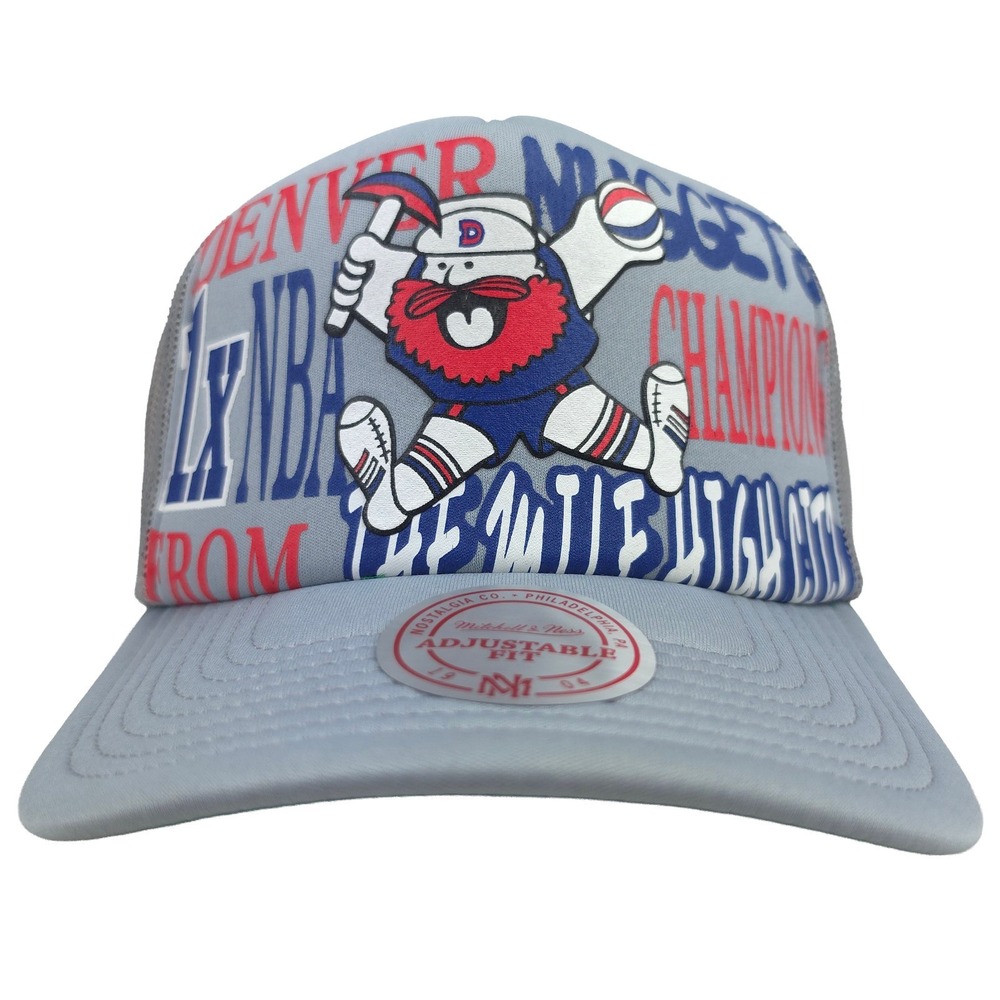 Denver Nuggets Mitchell & Ness NBA Trucker Hat Cap Puff Print Logo Silver NWT